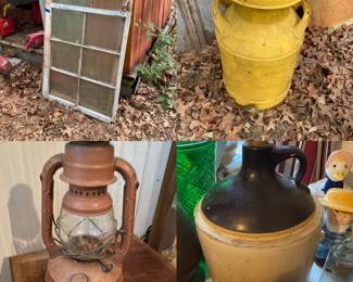 Antique windows, Dietz Lantern, Crock Jug, Milk Can