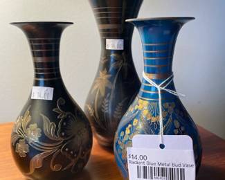 Radiant Blue Metal Bud Vase,  Asian vases