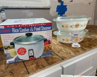 Rice Maker, Pyrex Town And Country Casserole Dish (A), Pyrex Town And Country Casserole Dish (B)