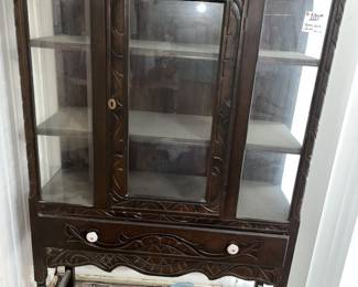 Vintage carved curio / china cabinet - needs new side glass