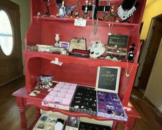 Great red table w/ shelf - FULL OF JEWELRY!