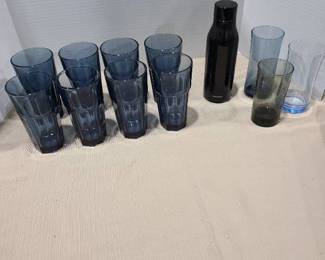Starbucks thermos, 8 blue drinking glasses plus 3 others