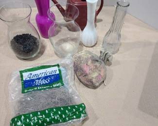 Vases, watering can, potpourri, black pebble vase decor, partial bag moss