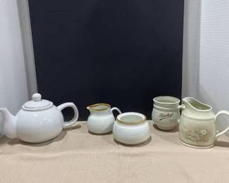 California Pantry Teapot, Mikasa Sugar and Creamer, Royal Doulton Creamer, and a mug