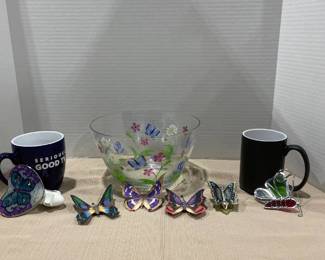 Hand painted Bowl, two mugs and Butterflies. Three are from Botanica