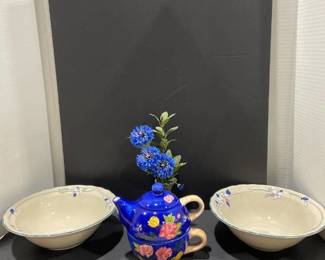 Two serving bowls, teapot and small vase with faux flowers