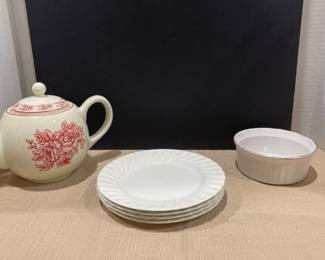 Andre by Sedek Teapot, Four Johnson Brother 7 inch Plates and a Corning Ware ramikin