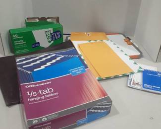 Variety of envelopes, hanging folders, dry erase board and more