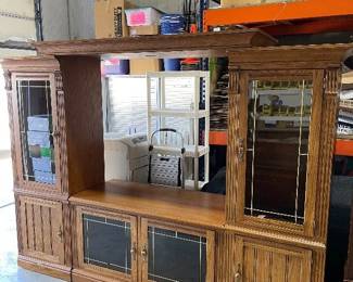 Four piece wood entertainment center end pieces: 76 x 28 x 24 in each middle tv stand: 31 x 51 x 24 in