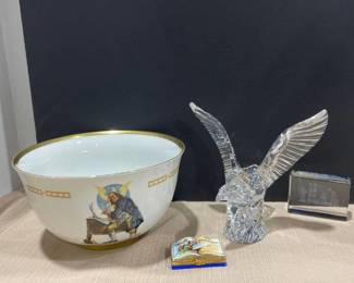 Danbury Mint Benjamin Franklin Bowl, Glass Eagle, NYC paperweight and Hinged Trinket Box