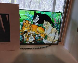 Cat themed stained glass window