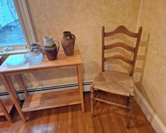 Three matching side tables and art pottery