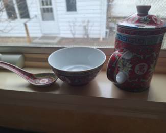 Teacup and soup bowl and spoon