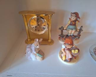 Brass clock hummels and Beatrix Potter  figurine