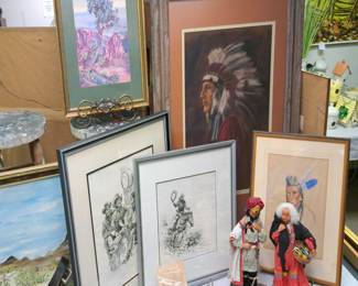 Much vintage western and Native American Indian artwork 