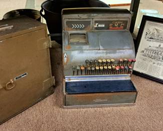 Rustic fire proof box w/ key and vintage National Cash register 