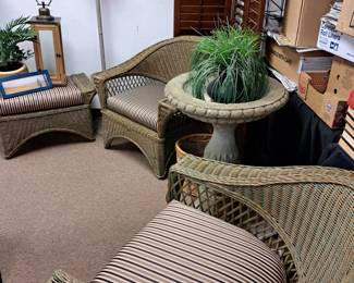 3 pcs. Indoor wicker set w/ khaki/olive/black stripe fabric 