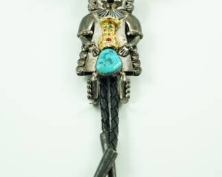 Navajo W. Denetdale turquoise & sterling bolo tie