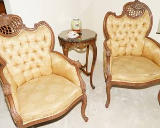 Antique French Edwardian tufted music chairs x 2