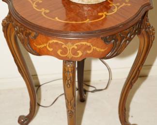 Inlaid hand carved French side tables x 2