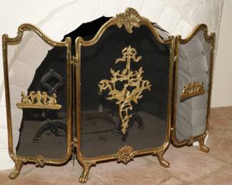 Vintage French Louis XV brass fireplace screen