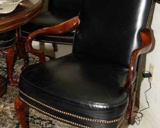 Black leather gooseneck armchairs x 4-in fantastic condition!