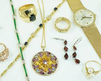 There is a tremendous amount of fine jewelry at this sale; including gold, sterling, diamonds, sapphires, emeralds, fine 14k gold timepieces, rubies, garnets, aquamarines, and more.  Please remember, all fine jewelry and sterling is CASH only.  Thanks so much.