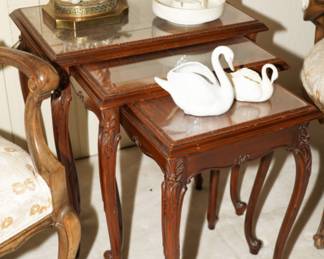 Set of glass topped burled wood inlaid nesting tables-these are outstanding!