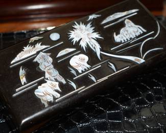 Inlaid mother of pearl black lacquered jewelry box