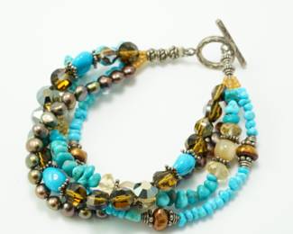 4 strand turquoise, tahitian pearl, tiger eye & sterling bracelety