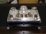 SILVERPLATE & CRYSTAL INKWELL PURCHASED AT A DUMOUCHELLE AUCTION FROM THE MATILDA WILSON ESTATE