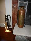 Iron fire tools & antique copper/brass fire estinguisher