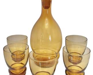 Amber Carafe and Five Glasses