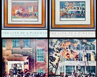 Set of 2 Firefighting Themed Framed Prints - N. Currier "The Life of a Fireman" Series- The Night Alarm & The Fire