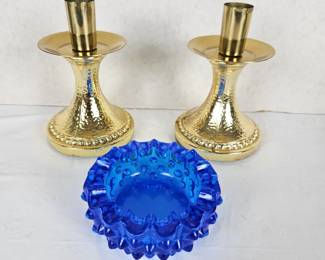 Vintage Fenton Colonial Blue Hobnail & Spike Small Round Ashtray Plus Two Brass Candlestick Holders
