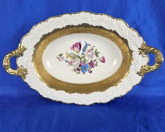Antique Rosenthal Germany Continental R-1479 Embossed Floral / Gold 17" Oval Handled Bowl