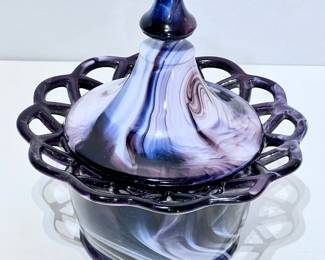 Imperial Glass Purple Slag Glass Open Lace Rim Candy Trinket Jewelry Dish w/Lid