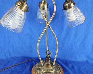 Vintage Art Deco Swan Neck Lamp With 3 Glass Shades in Antique Brass Tones on Oak Base