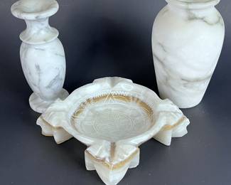 Elegant Marble Decor Lot - Two Vases and Bowl/Ashtray with Detailed Etched Design