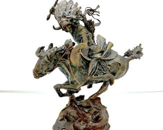  Large 16" Buck McCain Bronze sculpture titled "Plains Warrior" - Native American on Horseback