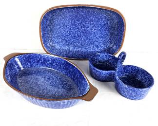 Set of Three Blue Sponge Style Glazed Ceramic Serving Dishes