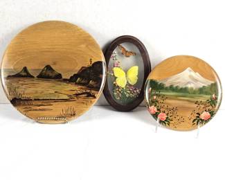  (2) Hand Painted & Signed by Artist Claire Farin-  Myrtlewood Plaques From Oregon, Plus Butterfly Display from Brazil