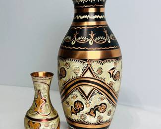 Beautiful Pair of Traditional Etched Turkish Copper Vases- craftsmanship with this set of two decorative etched metal vases