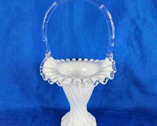  Fenton Silvercrest 11" White Milk Glass Basket Swirl w/ Clear Glass Handle C:1975-1977 - Art Glass Bride's Bowl