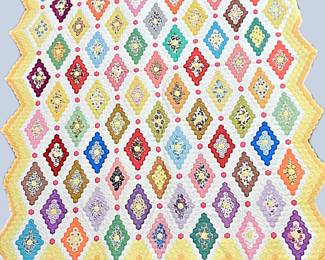 Handmade Vintage Patchwork Quilt - Colorful Granny Square Design, Scalloped Edges
