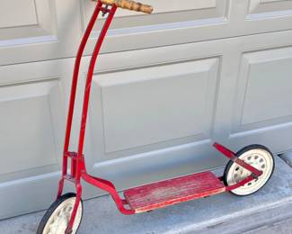 Vintage Red Kick Scooter with Wooden Handlebars and Original Metal Wheels