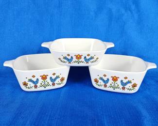 Vintage Corningware Set of Three Small Casserole Dishes "Country Festival Blue Bird"