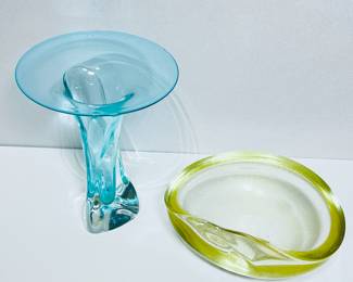 Elegant Glass Decor Lot - Vintage Blue Art Glass Vase & Gold Swirled Glass Bowl
