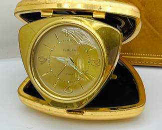 Vintage Europa  7 Jewel  Alarm Clock - Travel Clock and Vintage Leather Wallet 