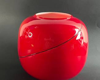 Contemporary MCM Two Layered Red Vase w/ White Interior & Black Stripe - Artist Signed C. Wellman 